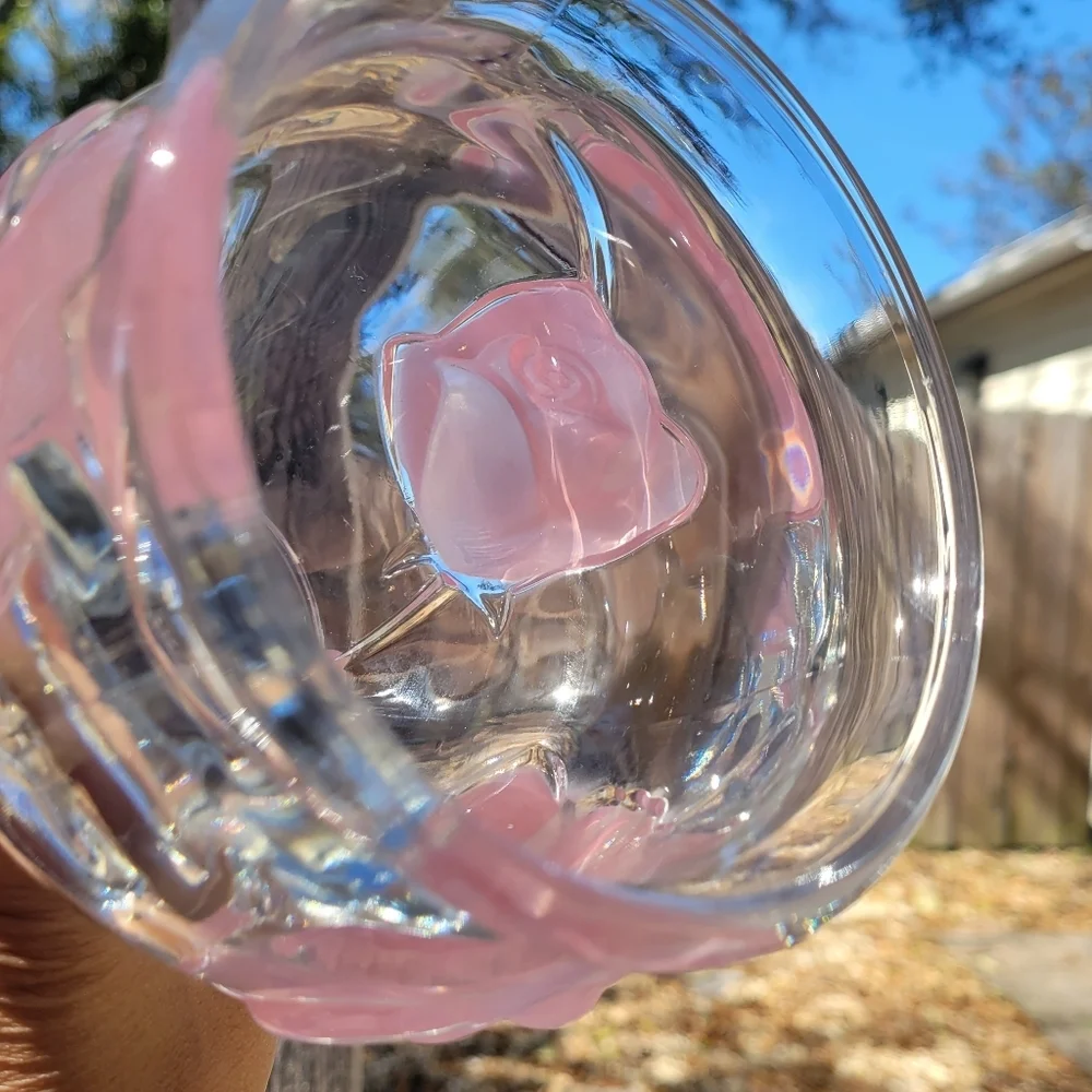 Vintage Teleflora Three Frosted Raised Pink Roses Low Crystal Glass Flower